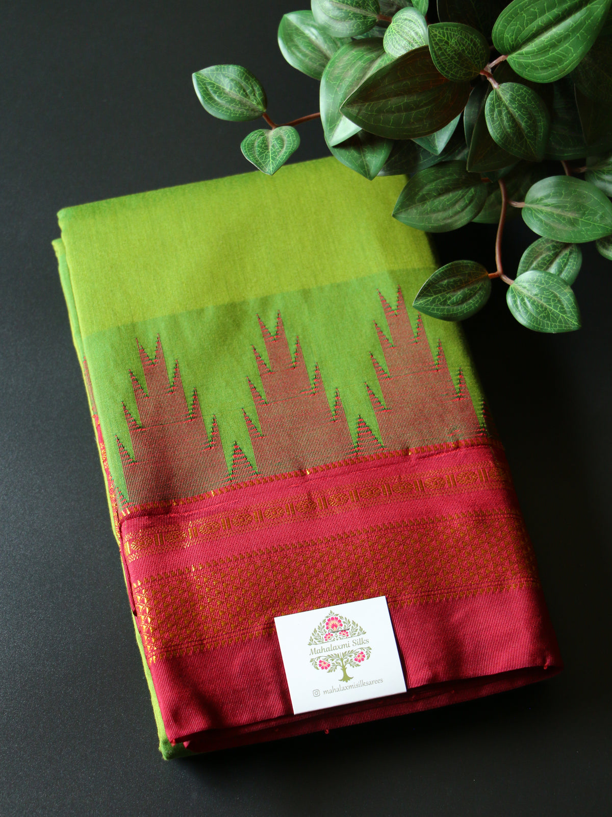 Green Temple Gadhwal Saree with Maroon Border