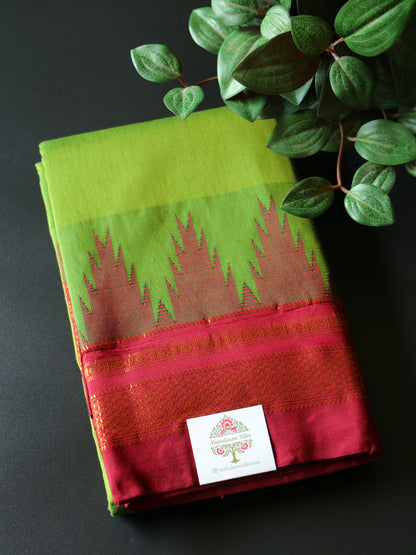 Green Temple Gadhwal Saree with Maroon Border