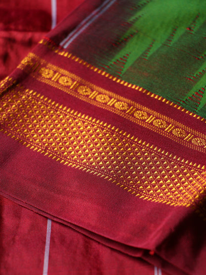 Green Temple Gadhwal Saree with Maroon Border