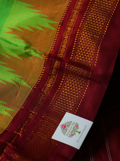 Lush Green Temple Gadhwal Saree with Maroon Border