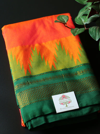 Orange Temple Gadhwal Saree with Green Border