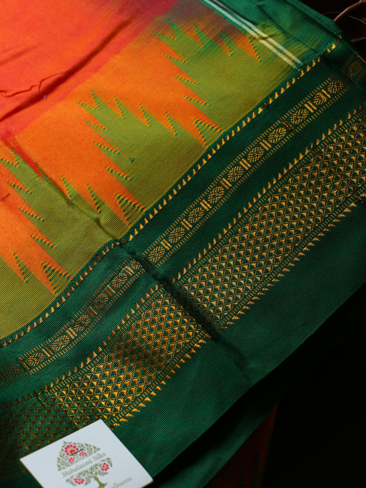 Orange Temple Gadhwal Saree with Green Border