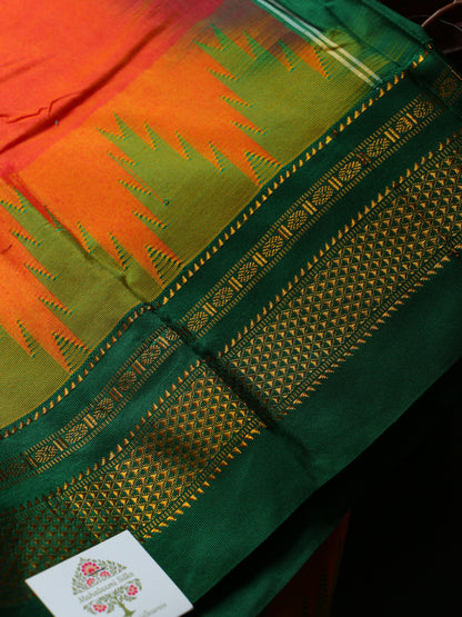 Orange Temple Gadhwal Saree with Green Border