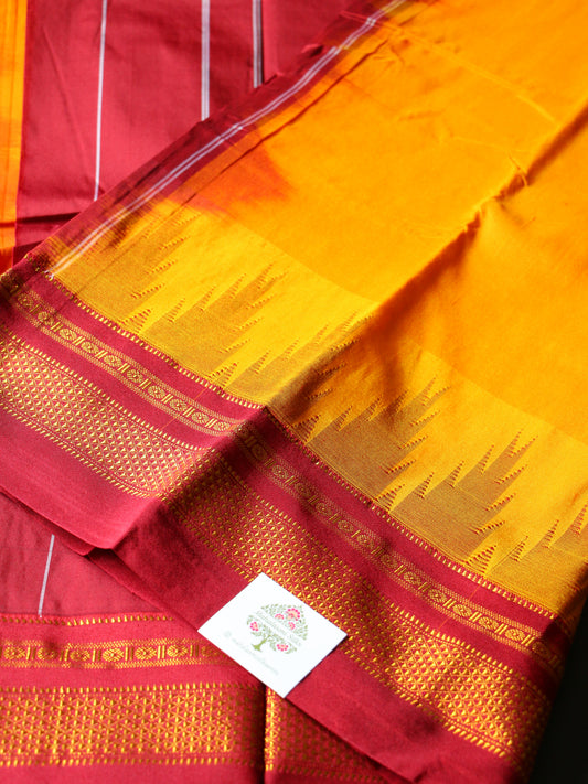 Golden Yellow Temple Gadhwal Saree with Maroon Border