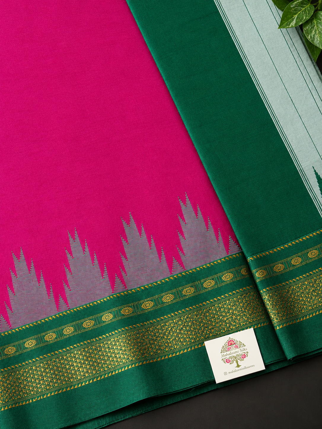 Magenta Temple Gadhwal Saree with Green Border