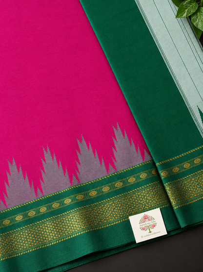 Magenta Temple Gadhwal Saree with Green Border