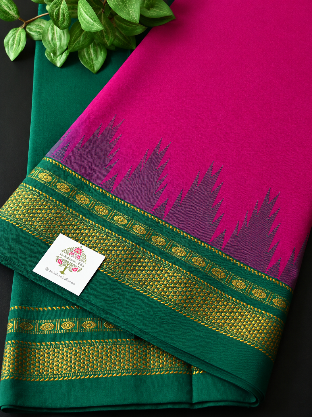 Magenta Temple Gadhwal Saree with Green Border