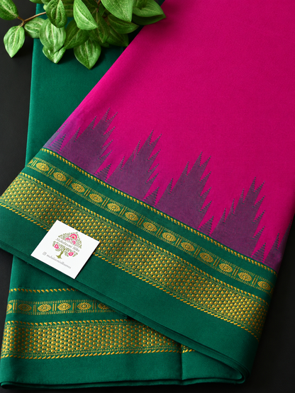 Magenta Temple Gadhwal Saree with Green Border