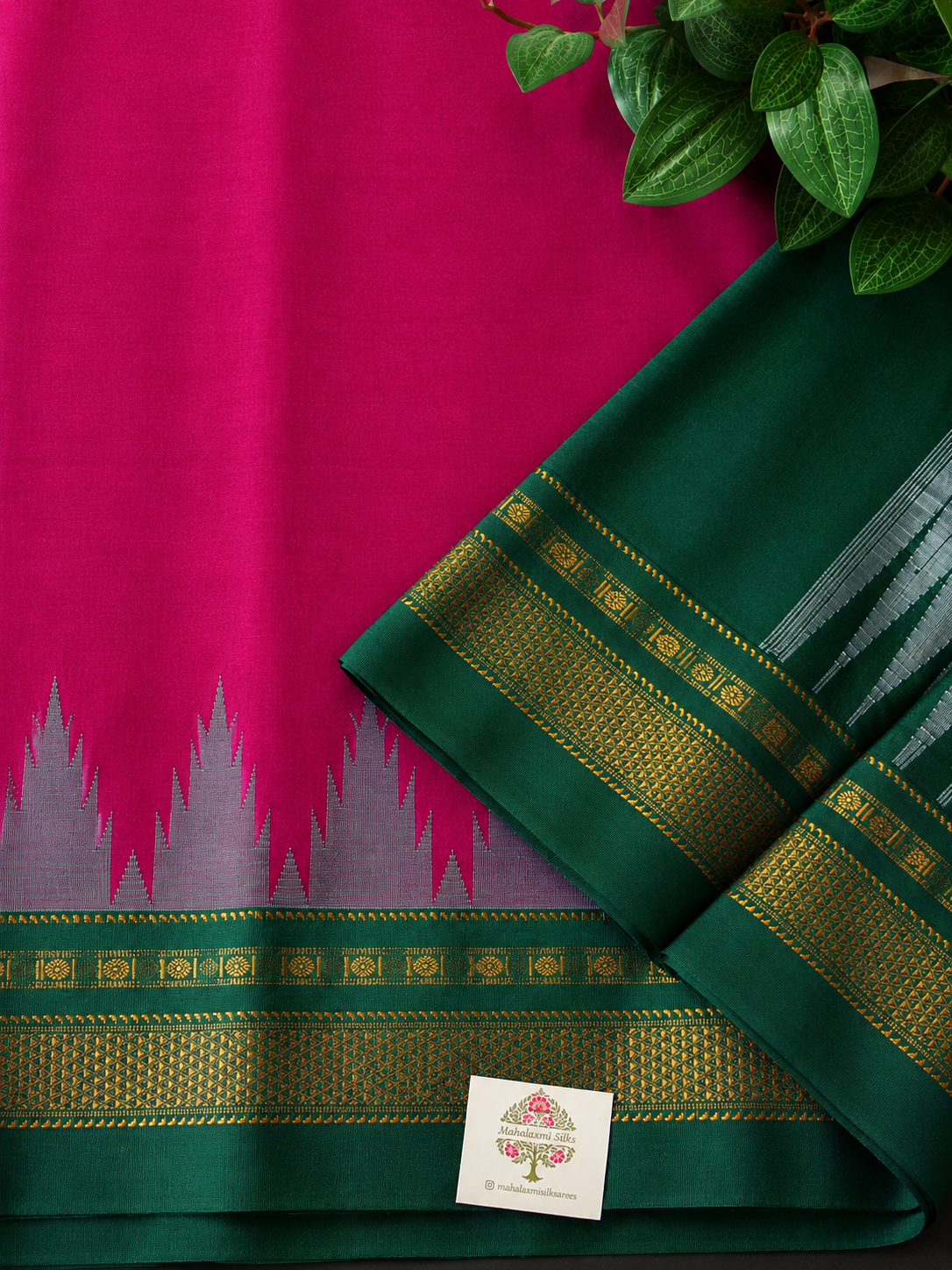 Magenta Temple Gadhwal Saree with Green Border