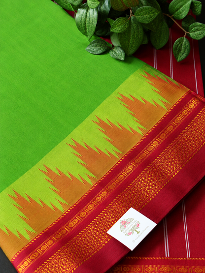 Lush Green Temple Gadhwal Saree with Maroon Border