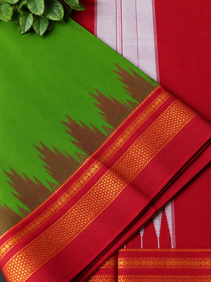 Green Temple Gadhwal Saree with Maroon Border