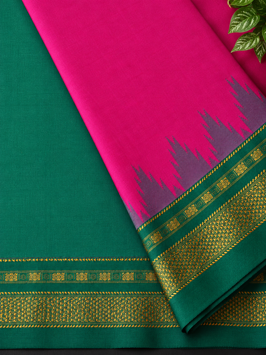 Magenta Temple Gadhwal Saree with Green Border