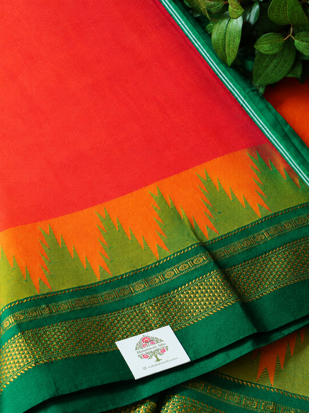 Orange Temple Gadhwal Saree with Green Border