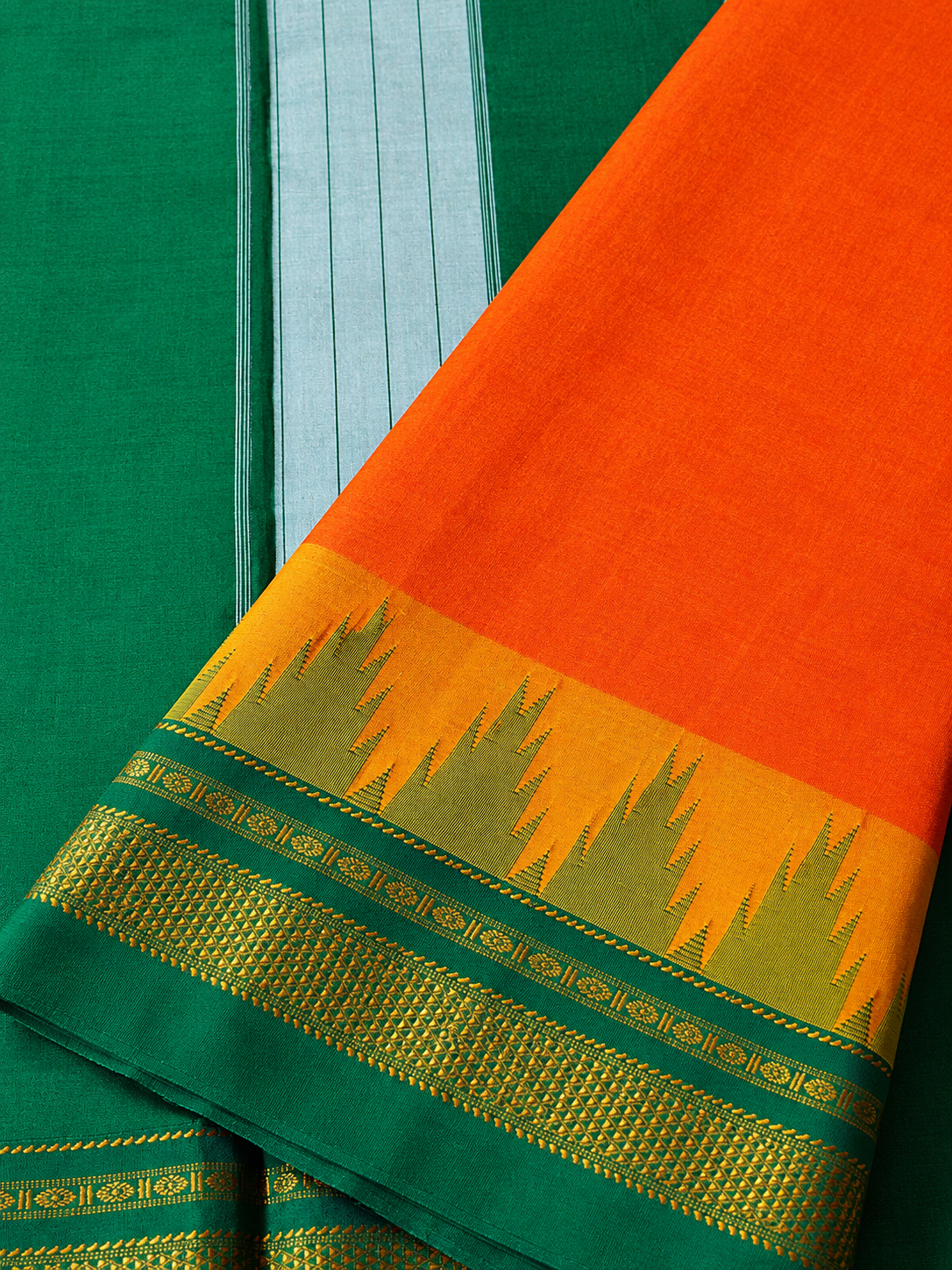 Orange Temple Gadhwal Saree with Green Border