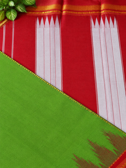 Green Temple Gadhwal Saree with Maroon Border