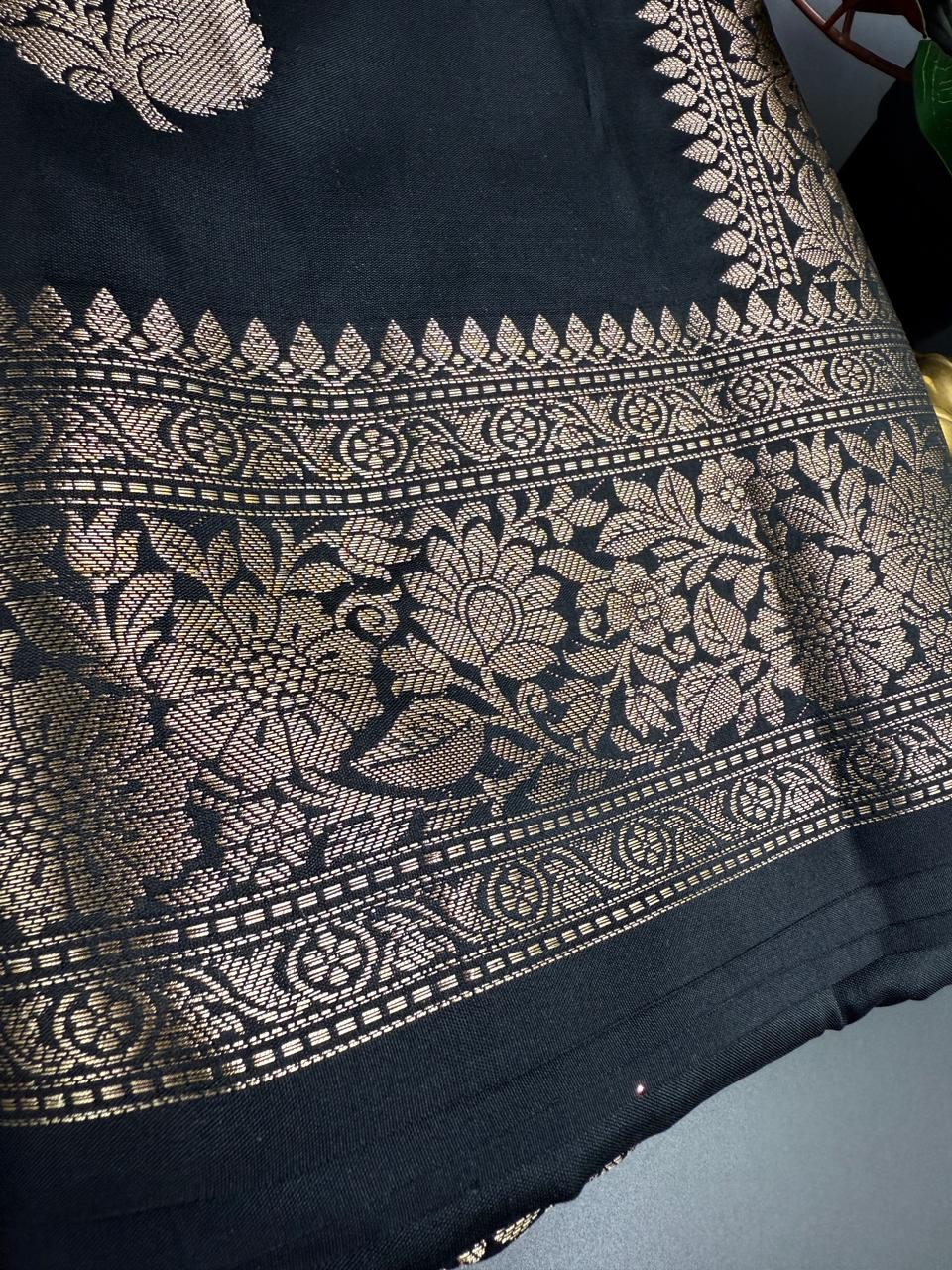 Muga Silk Black Saree with Copper Zari Border