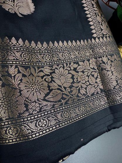 Muga Silk Black Saree with Copper Zari Border