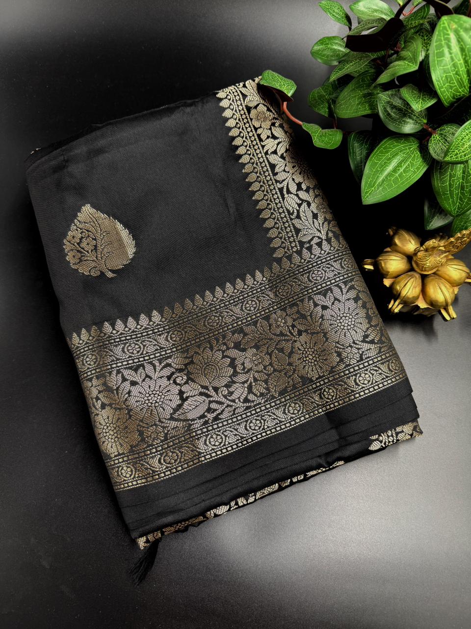 Muga Silk Black Saree with Copper Zari Border