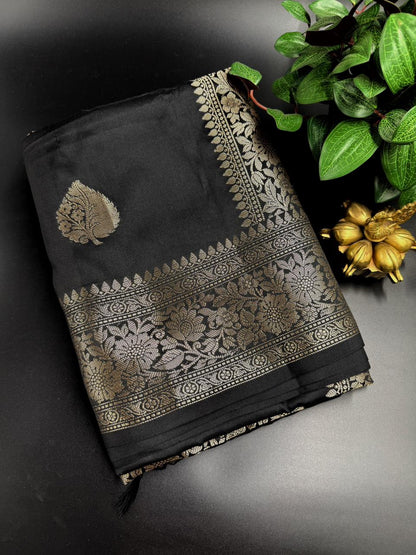 Muga Silk Black Saree with Copper Zari Border