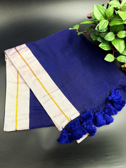 Navy Blue Mul Cotton Saree with Pink Border