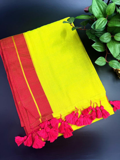 Lush Green Mul Cotton Saree with Red Border