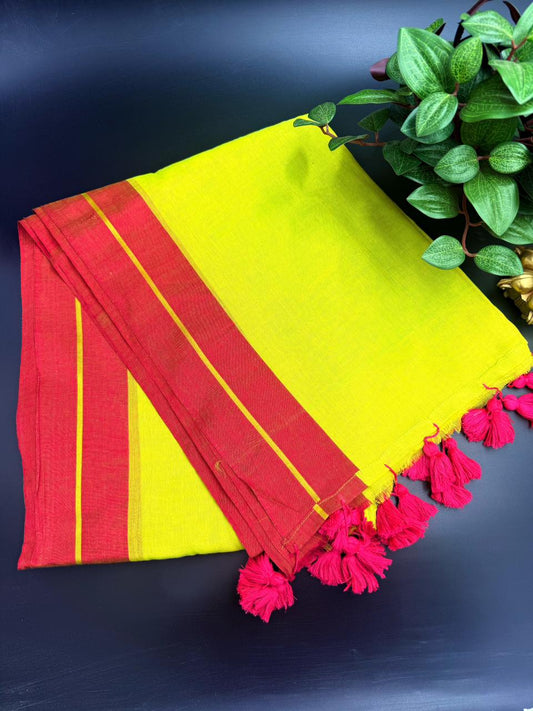 Lush Green Mul Cotton Saree with Red Border
