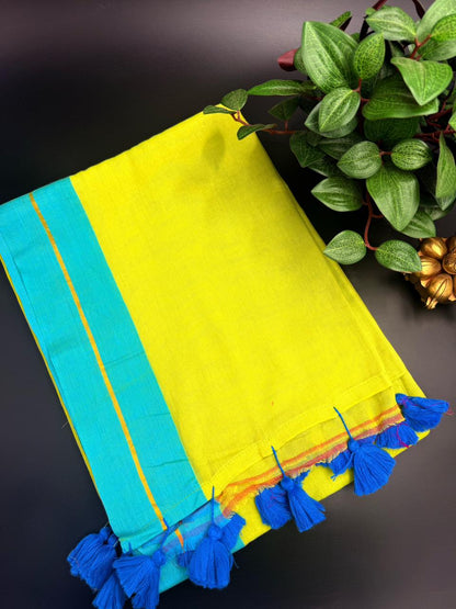 Lush Green Mul Cotton Saree with Ocean Blue Border