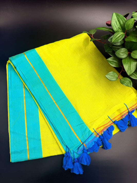 Lush Green Mul Cotton Saree with Ocean Blue Border