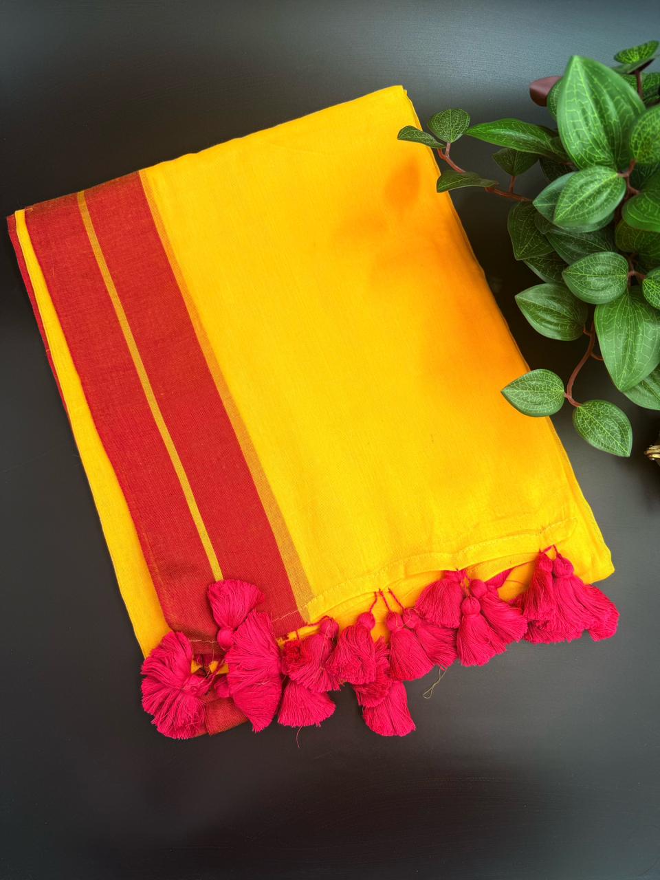 Yellow Mul Cotton Saree with Red Border