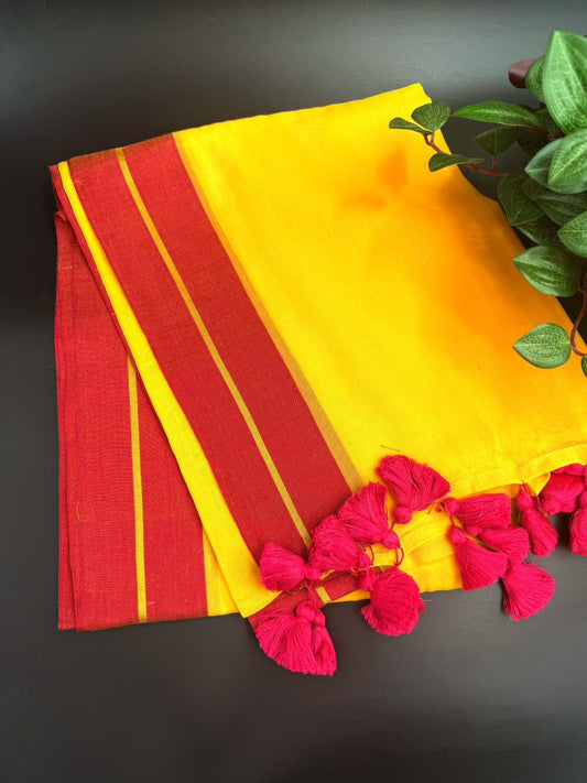 Yellow Mul Cotton Saree with Red Border