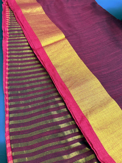 Maroon Linen Saree With Golden Zari Border