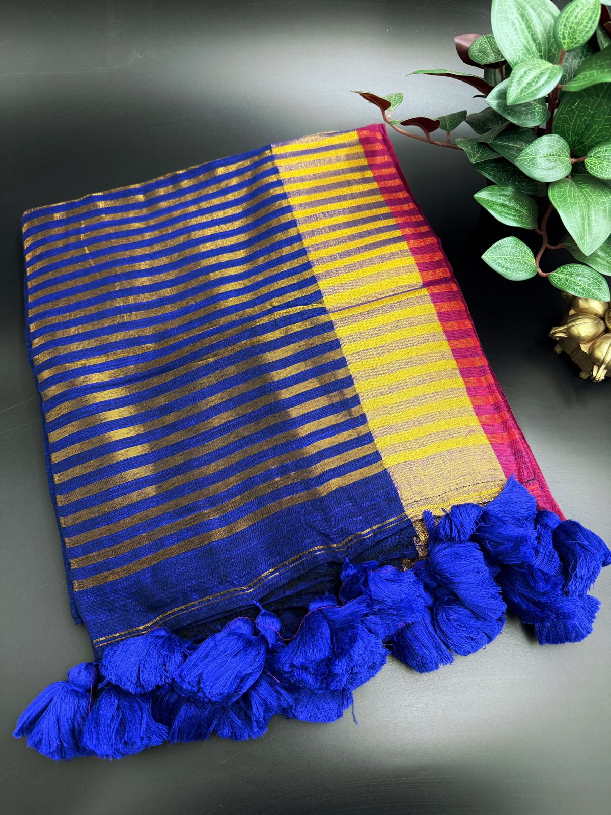 Navy Blue Linen Saree With Golden Zari Border