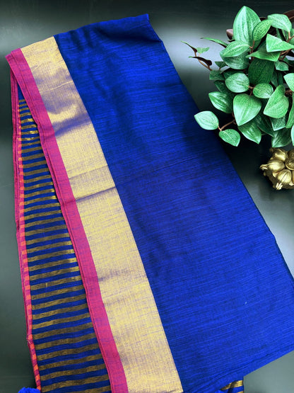 Navy Blue Linen Saree With Golden Zari Border