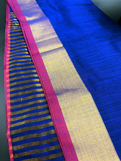 Navy Blue Linen Saree With Golden Zari Border