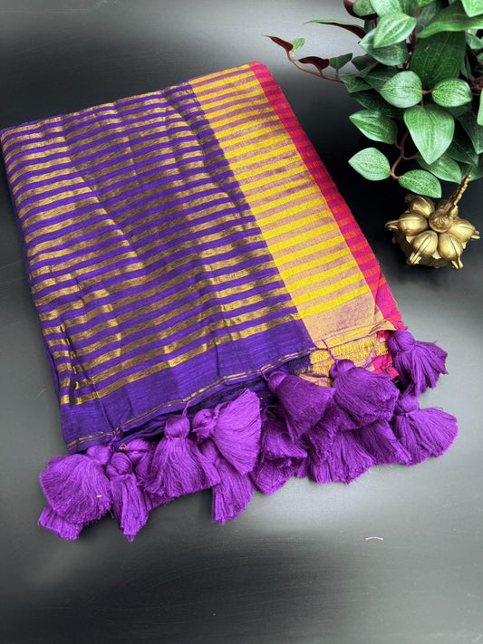 Purple Linen Saree With Golden Zari Border