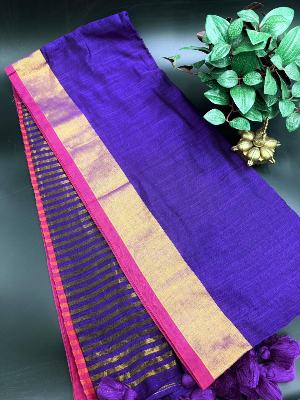 Purple Linen Saree With Golden Zari Border