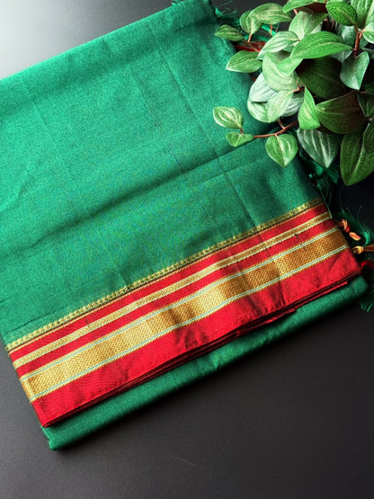 9 Yard Green Ilkal Saree With Maroon and Golden Zari Border