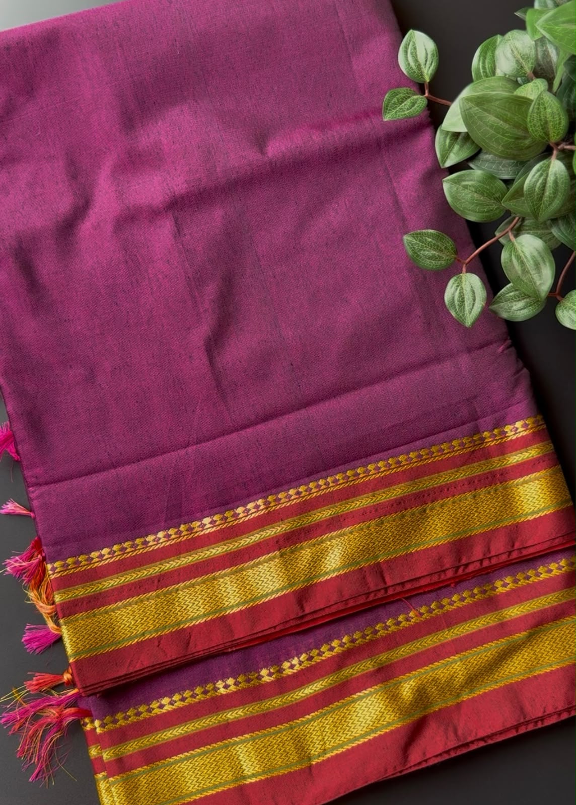 9 Yard Rani Pink Ilkal Saree With Red and Golden Zari Border