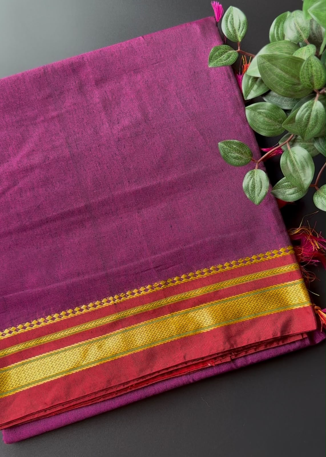 9 Yard Rani Pink Ilkal Saree With Red and Golden Zari Border
