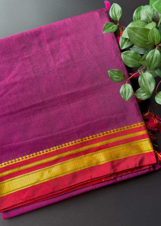 9 Yard Rani Pink Ilkal Saree With Red and Golden Zari Border