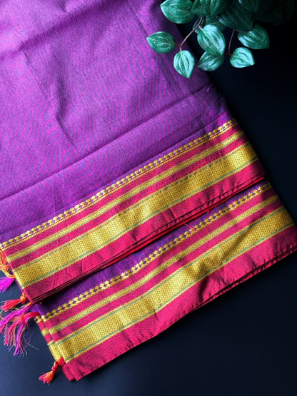9 Yard Purple Ilkal Saree With Pink and Golden Zari Border