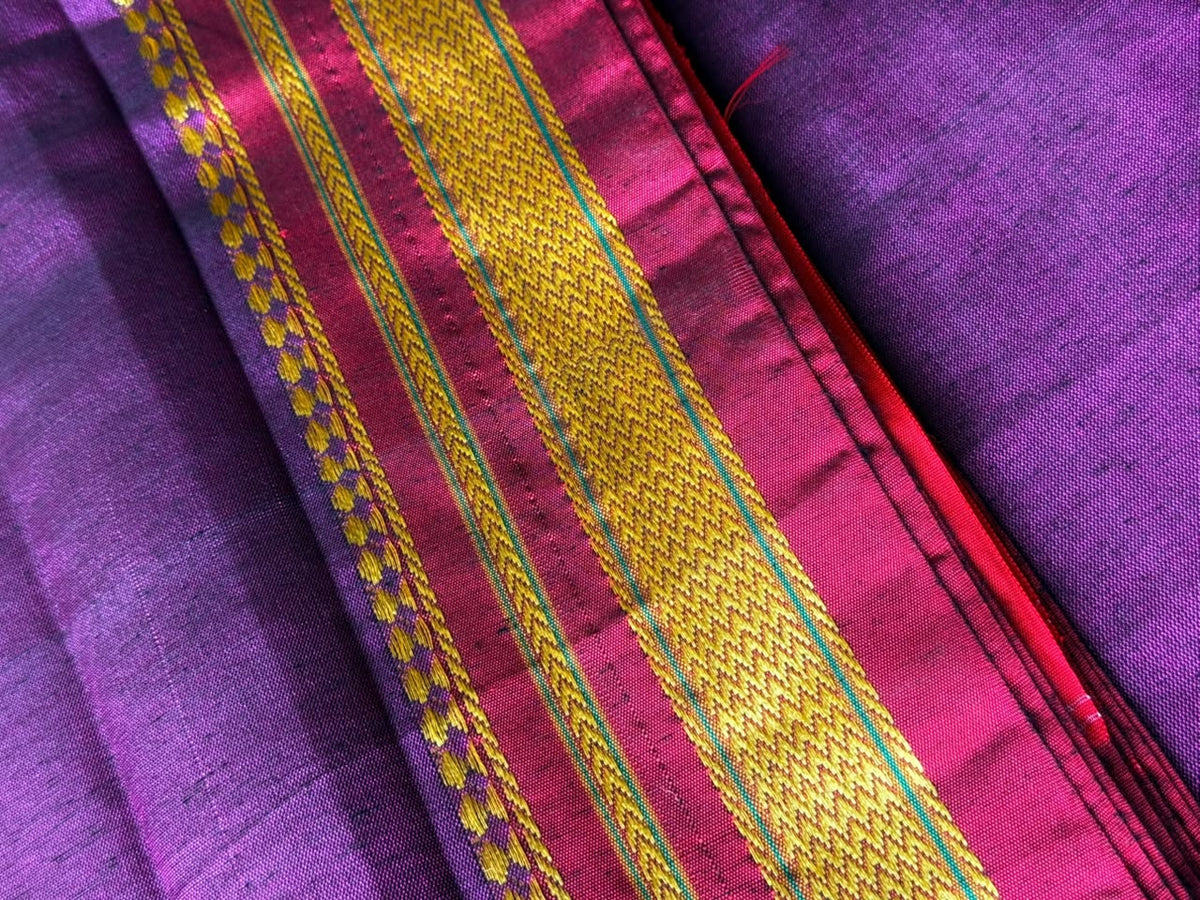 9 Yard Purple Ilkal Saree With Pink and Golden Zari Border