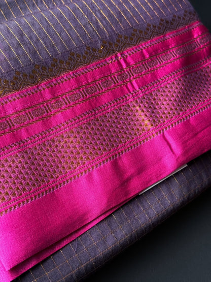 Dark Blue Zari Checks Ilkal Saree With Rani Pink and Golden Zari Border