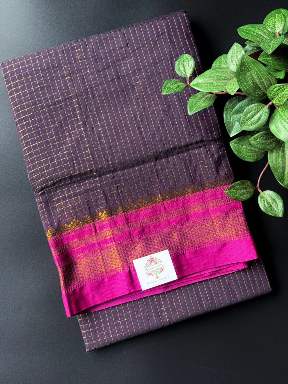 Dark Blue Zari Checks Ilkal Saree With Rani Pink and Golden Zari Border