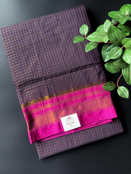 Dark Blue Zari Checks Ilkal Saree With Rani Pink and Golden Zari Border