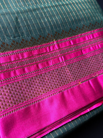 Green Zari Checks Ilkal Saree With Rani Pink and Golden Zari Border