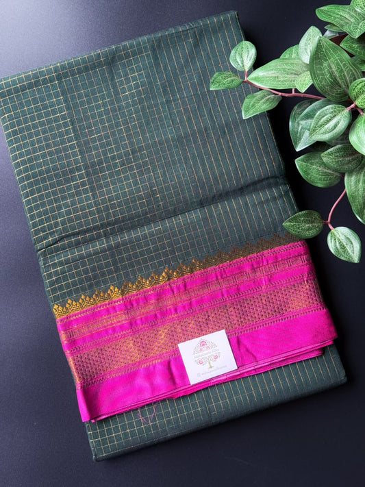 Green Zari Checks Ilkal Saree With Rani Pink and Golden Zari Border
