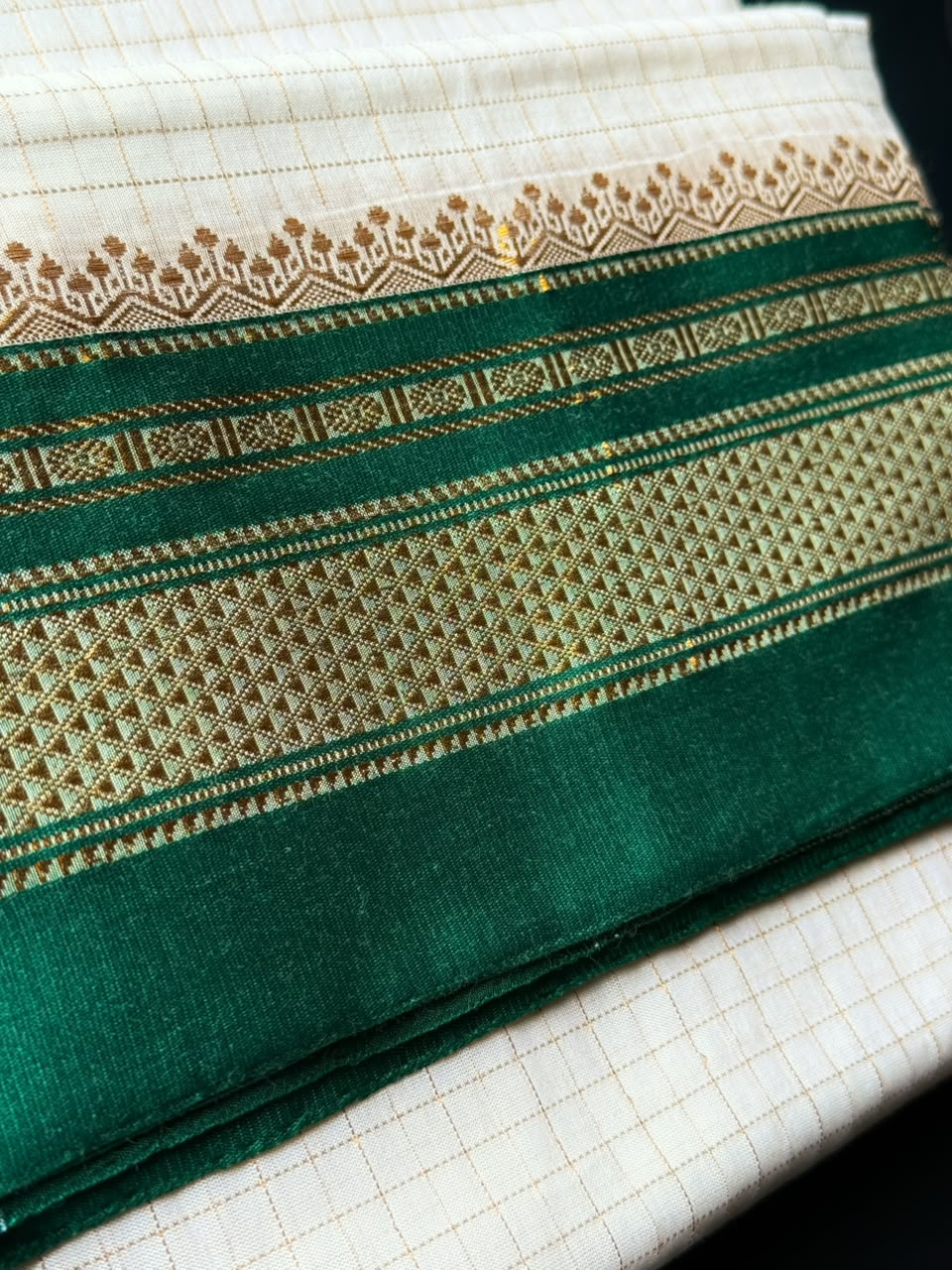 Off White Zari Checks Ilkal Saree With Dark Green and Golden Zari Border