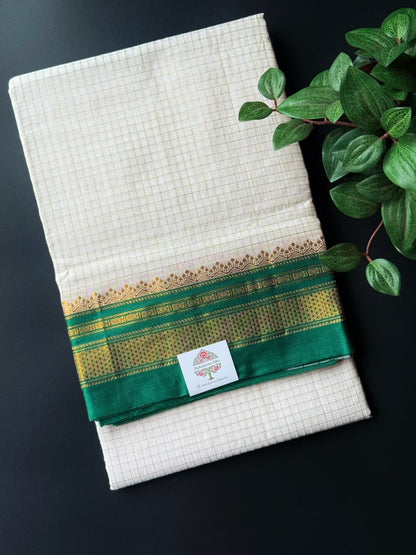 Off White Zari Checks Ilkal Saree With Dark Green and Golden Zari Border