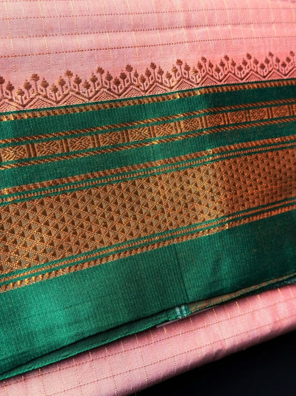 Peach Zari Checks Ilkal Saree With Green and Golden Zari Border